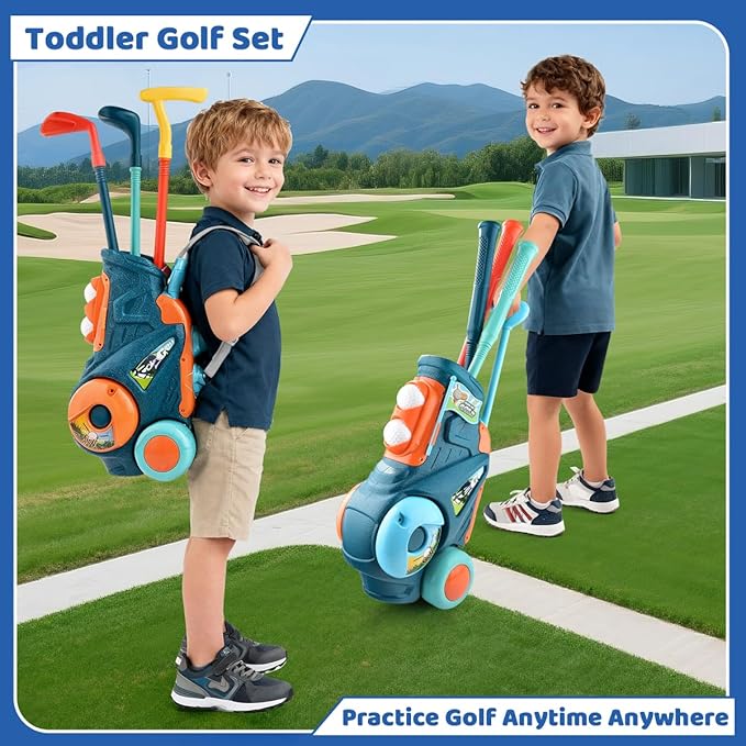 Toddler Golf Set with Putting Mat, Upgraded Kids Golf Cart with Shoulder Strap, Toddler Glove, Plastic Clubs, 10 Balls, Indoor Outdoor Sports Toys Birthday Gift for Boys Girls Aged 3 4 5+ Years Old