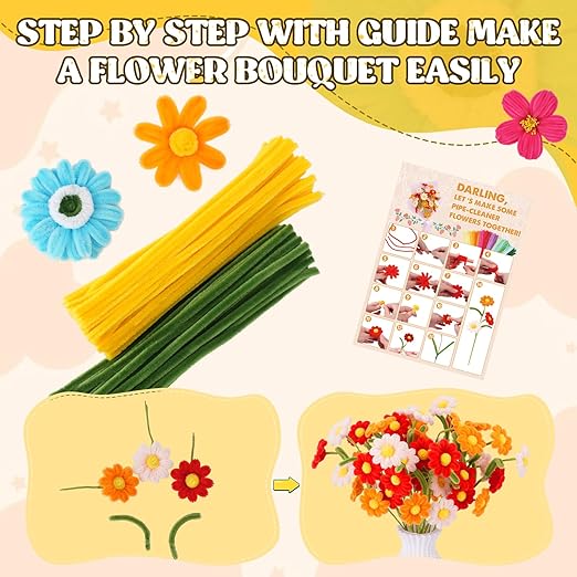 900PCS Pipe Cleaners Flower Kit, Pipe Cleaner Bulk Craft Flower Making Kit with Instruction, 8 Colors Thick Chenille Stems for Arts DIY Craft Supplies with Greeting Card, Floral Wires, Tape, Stamen