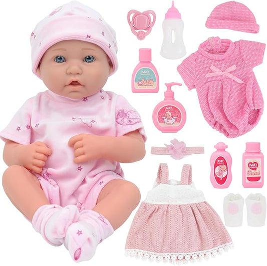 UNICORN ELEMENT 14 Inch Baby Doll-Baby Dolls with 15 Piece Accessories Set, Soft Body Baby Girl Doll, with Bottle & Pacifier, Clothes and Hats, Gift Box for Toddlers Ages 3 4 5