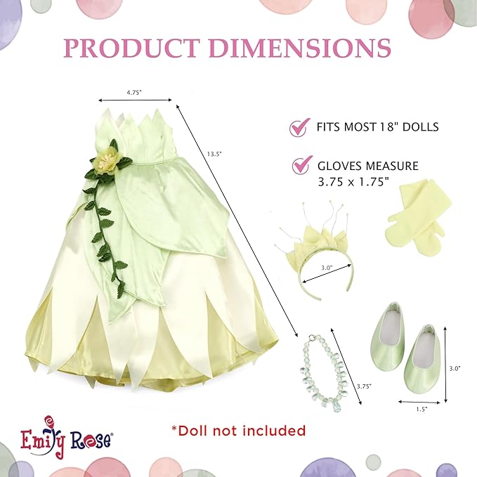 Emily Rose 18 Inch Doll Clothes 5-PC Princess Gown Halloween Costume Dress and Accessories Set with Crown, Necklace, Gloves and Matching Shoes | Doll NOT Included | USA Business