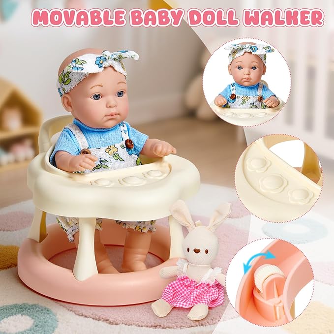 Cleboen Baby Doll Accessories Set for Girls, 9'' Baby Doll with 2 Sets Clothes Doll Walker Chair Feeding Bottle Pacifier Diaper Blanket, Realistic Pretend Play Toys Toddler Girl Birthday Gifts 3 4 5 6