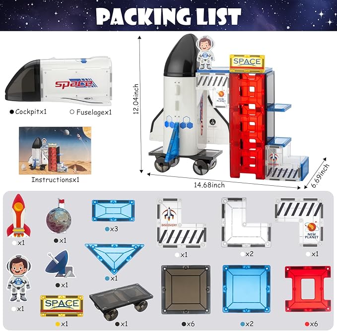 Space Magnetic Tiles for Kids, 30 Piece STEM Magnetic Building Blocks Set, Rocket Ship Space Station Educational Construction Toy with Astronaut Figure for Boys Girls Ages 3-8