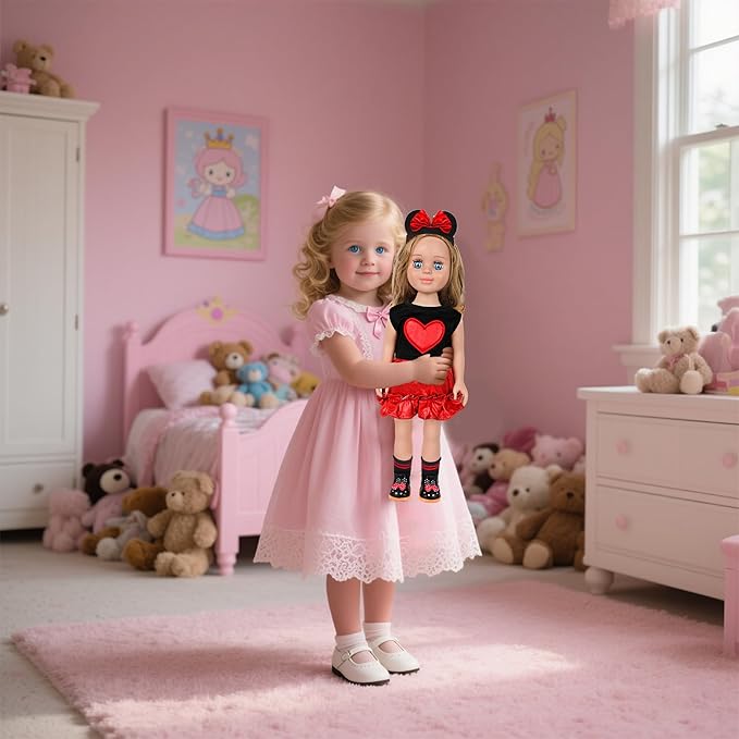 MSYO 18 Inch Doll Clothes & Accessories Set,Black Red Heart Top & Metallic Red Skirt Outfit with Mouse Ears Headband,Sunglasses,Socks,Shoes,Choker,Fits 16-18 Inch Baby Dolls(Red)