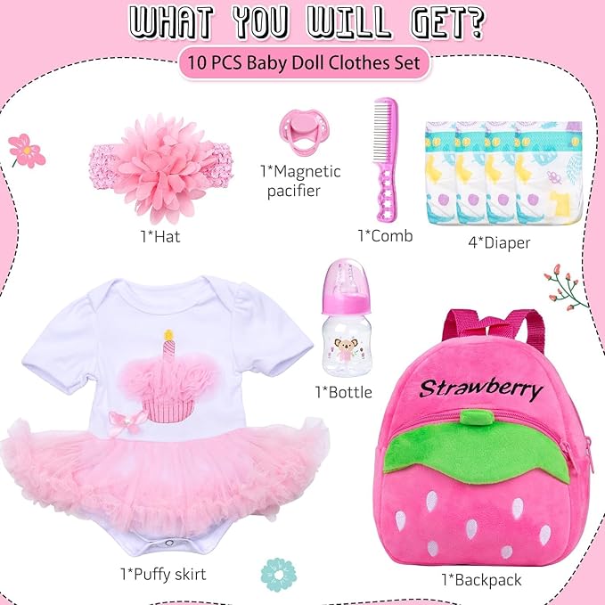 10 Pcs Reborn Baby Doll Clothes Pink Outfit Accessories Set for 20-22 Inch Reborn Doll Clothes Girl Newborn Baby Accessories with Backpack