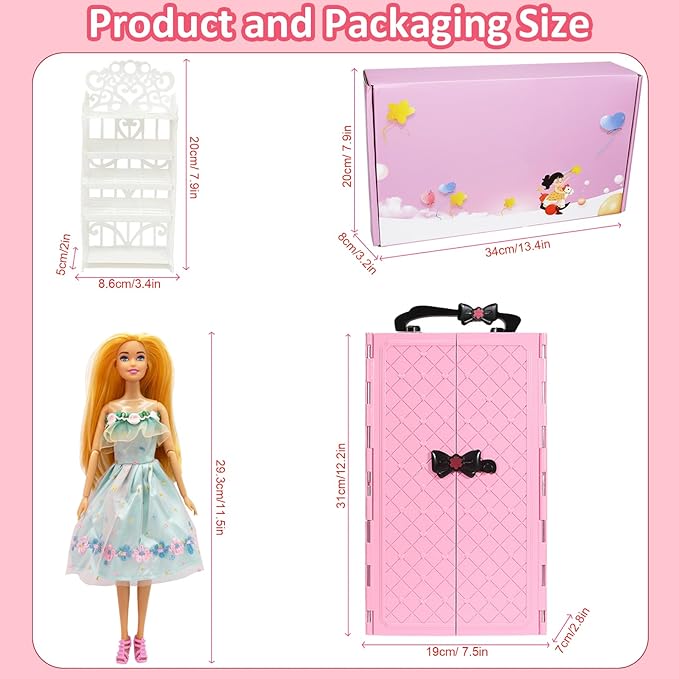 122 Pcs Doll Closet Playset with 11.5 Inch Dolls, Clothes and Accessories, Include Princess Dresses Shoes Bags Hangers Shoes Rack Doll Other Accessories, Dress Up Toys for Girls, Kids, Toddlers (Pink)
