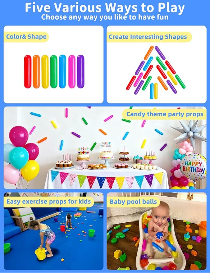 STARBOLO Ball Pit Balls for Baby and Toddler, 100 150 200 Pack Phthalate Free BPA Free Crush Proof Plastic - Multicolored Pit Balls Play Toys for Kids (Rainbow 8 Color;Candy Long Balls, 100balls)