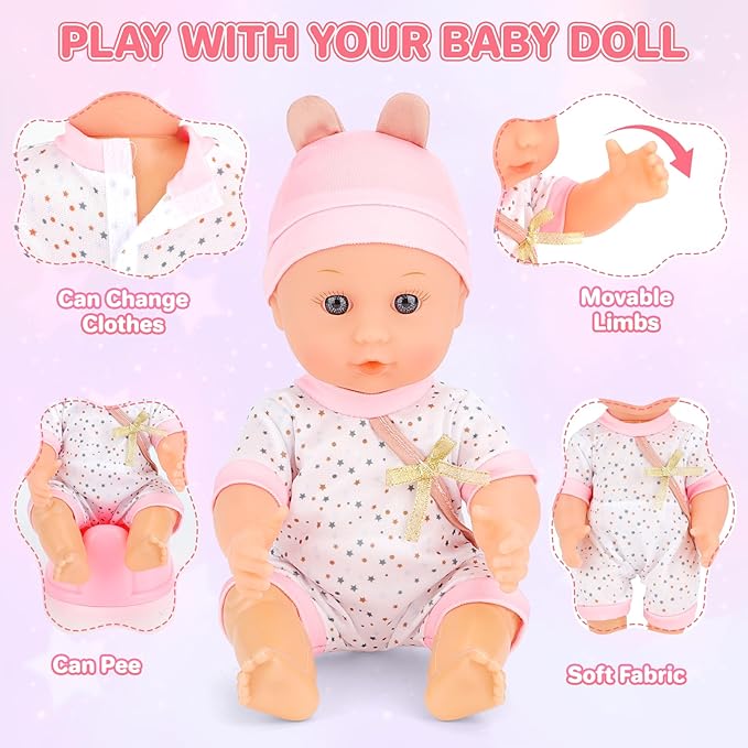 deAO Baby Doll Set Baby Doll Accessories 25Pcs Dolls Care Toy Play Set with Crib,High Chair,Milk,Bottle,Pacifier,Diaper Christmas Birthday Gift for Kids 3+ Years Old