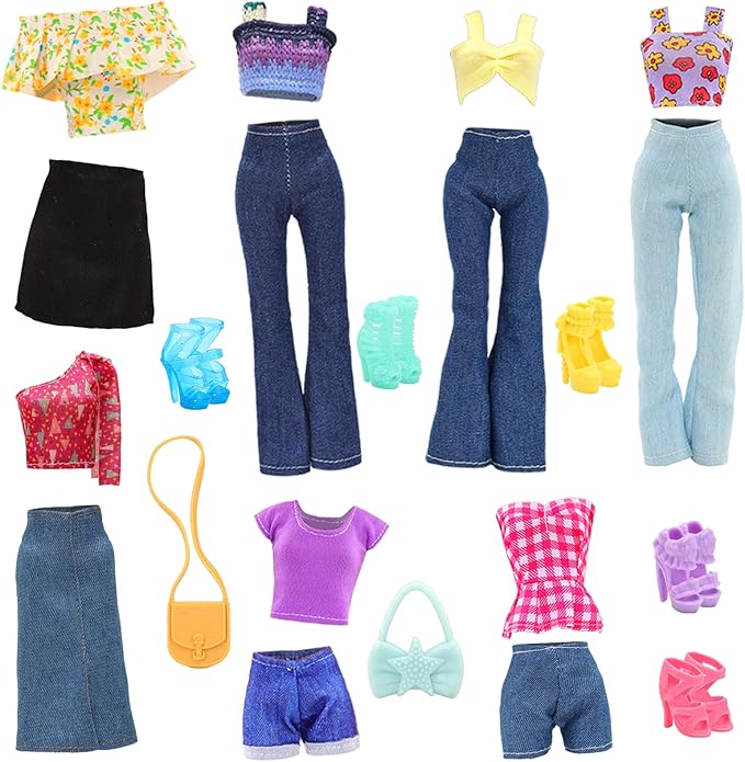 BARWA 17 Pcs Doll Clothes and Accessories for 11.5 Inch Girl Dolls Including 7 Sets Fashion Floral Skirts and Denim Skirts, Casual Tops and Pants with 2 Bags, 5 Shoes, 1 Plaid Picnic Mat