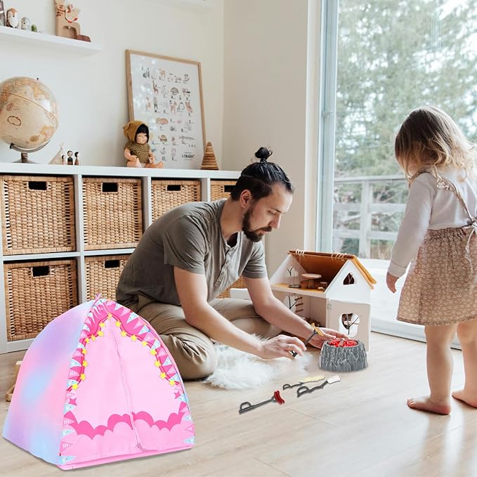 Miunana 35PCS Doll Camping Playset for 11.5" Girl Dolls - STEM Tent with Backpack, BBQ Grill & Stargazing Tools Pretend Play Outdoor Adventure Toy
