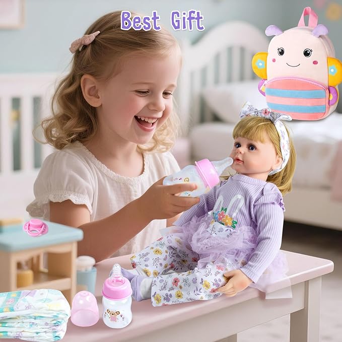 17-22 Inch Reborn Baby Doll Clothes with Cute Backpack Reusable Diapers Doll Accessories Set Newborn Girl Dolls Outfits Silicone Doll Clothing 12 Pieces