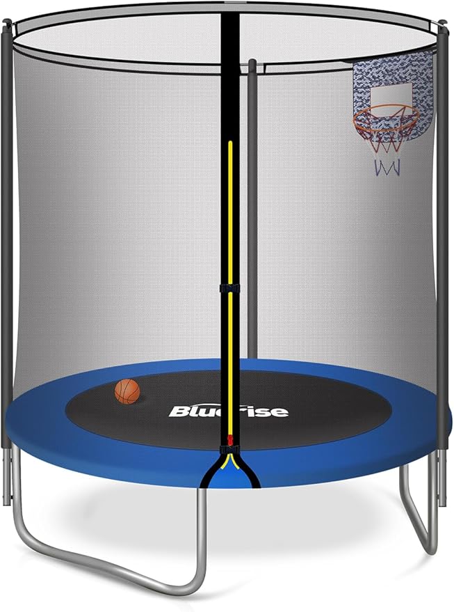 BLUERISE 55IN 6FT Toddler Trampoline for Kids Indoor Outdoor Play for Kids Trampoline Basketball Hoop Attachment with Enclosure Net Easy to Assemble