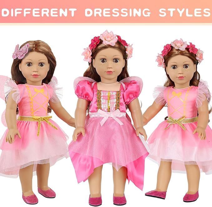 American 18 Inch Doll Makeup Accessories and Butterfly Fairy Theme Set,Included 2 Pieces Clothes,Flower Wreath Headwear,Eyelash Brush,Eye Shadow,Bracelet,Butterfly Strap and Hair Clip(NO Doll)