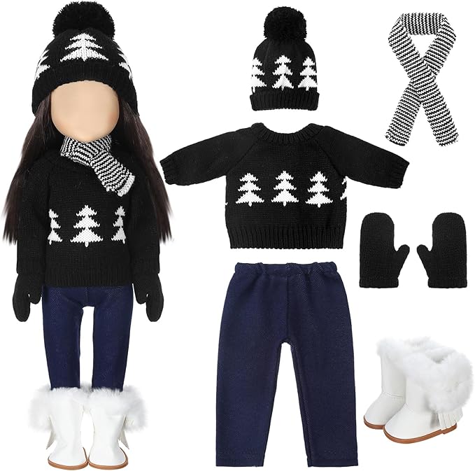 Bencailor 6 Pcs 18 Inch Christmas Doll Clothes and Accessories Winter Outfits Set Sweaters Trousers Hats Shoes Gloves for 18 Inch Doll Gifts(Black, White)
