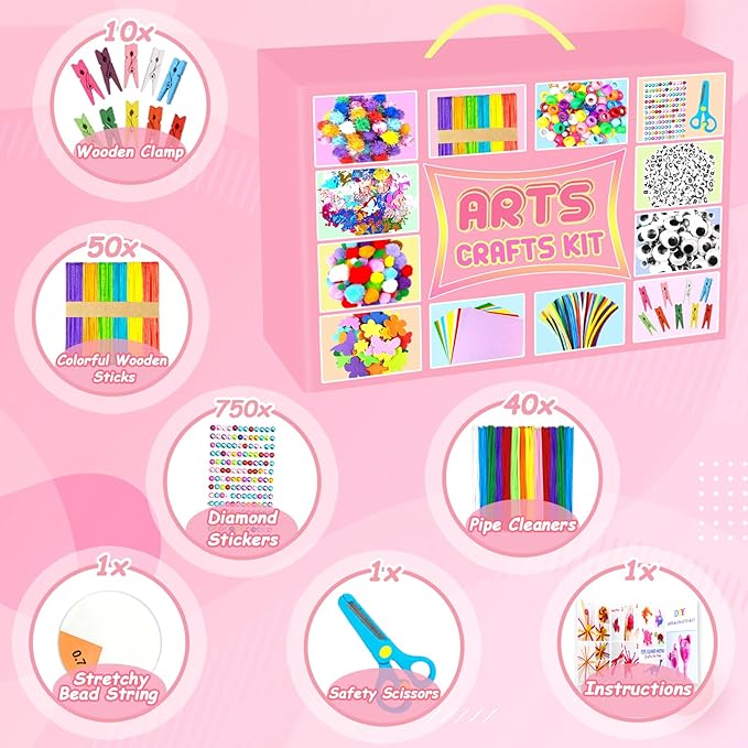 BNUZEIYI 2000 PCS Arts and Crafts Supplies for Kids All-in-1 Craft Kit with Pipe Cleaners Craft Box Set DIY Crafting Supply School Supplies Toys Gifts for Girls Boys Ages 4-6, 6-8, 8-12, Pink