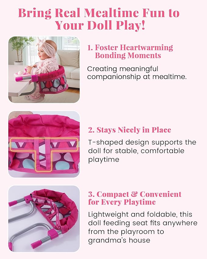 BABESIDE Baby Doll High Chair for 12–20 Inch Dolls, Foldable Table Seat Doll Furniture, Portable Feeding Chair Accessories for Reborn Dolls and Toys, Pretend Play Accessory for Girls and Boys Age 3+