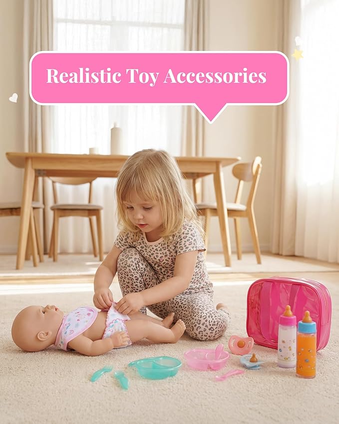 BABESIDE 13 Pcs Baby Doll Accessories Set with Magic Bottles Diapers Pacifiers and Storage Bag, Baby Doll Feeding Set with Realistic Baby Doll Accessories for Girls Pretend Play Toys