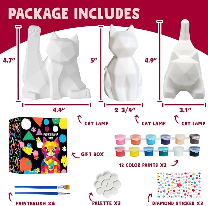 Goody King Paint Your Own Cat Lamp Kit, 3PCS DIY Cat Night Light, Easter Basket Stuffers, Arts & Crafts for Kids Ages 8-12, Painting Kit for Kids, Easter Birthday Gifts for Kids Ages 3+