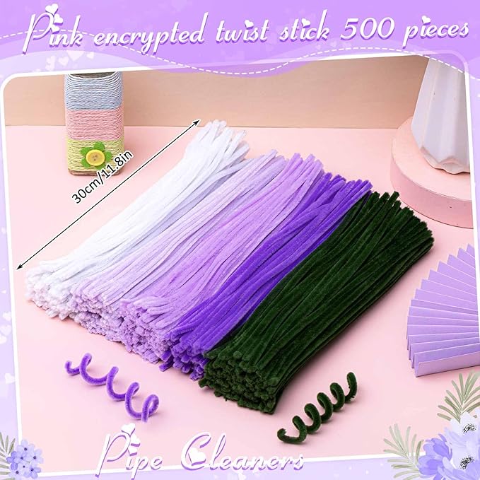 Peryiter 500 Pieces Pipe Cleaners Chenille Stems for Flowers Craft Supplies Bulk Fluffy Fuzzy Sticks for DIY Art Projects Creative Gift Wrapping Party Decorations(Purple Flower Color,12 Inch)