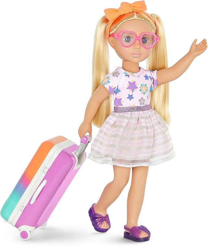 Glitter Girls – 14-Inch Doll Clothes & Accessories– Suitcase & Fashion Set – Luggage with 3 Mix & Match Outfits & Heart Glasses – Rainbow Pajama, Swimsuit, Star – Print Dress – 3+ Years