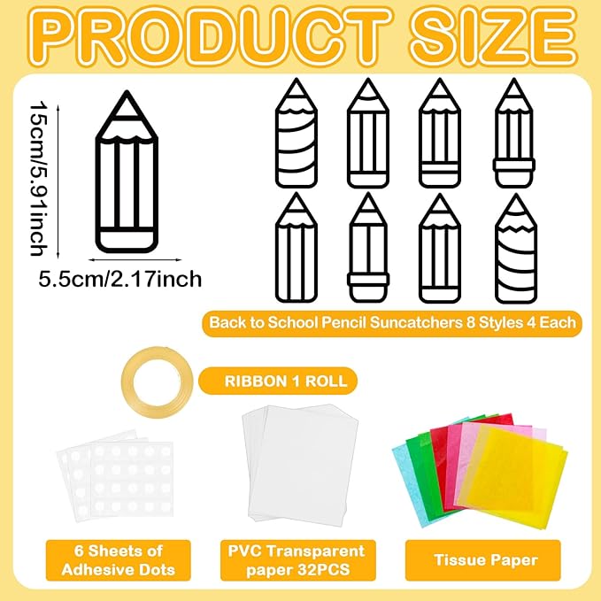 32 Sets Back to School Pencil Suncatchers Craft Kit DIY Window Stained Glass Effect Pencils Paper Crafts for Home School Classroom Decoration Kid Birthday Gifts Creative Art Projects Activity Game