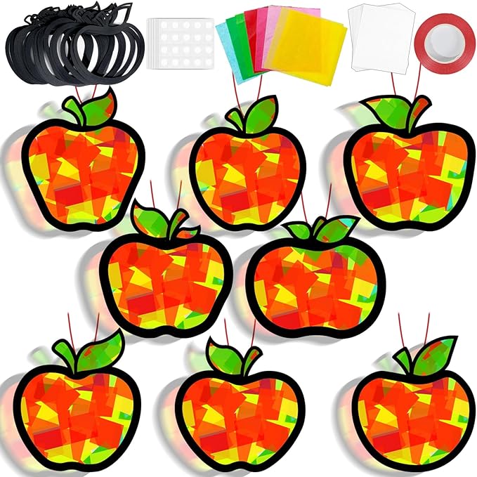 QOUBAI 32 Sets Back to School Apple Suncatchers Craft Kit DIY Window Stained Glass Effect Fall Apples Paper Craft for Home School Classroom Decor Kid Birthday Gifts Creative Art Projects Activity Game