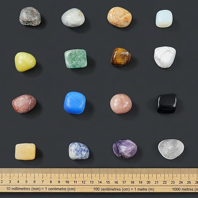 PIBEX Gemstone Collection - 16 PCS Polished Gems & Crystals (1-Inch / 2-3 cm), STEM Geology Kit with Guidebook, 54 ID Cards & Transparent Display Case, Rock Science Gift for Kids Ages 6+