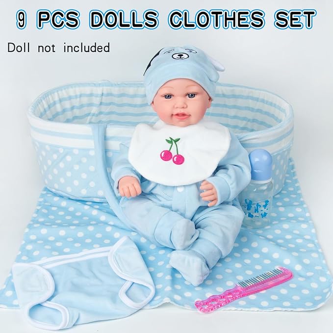 PEDOLLTREE Reborn Baby Dolls Clothes Boy Outfit Accessories Blue Puppy 9 Pcs Set for 17-20 Inch Reborn Doll Newborn Boy with Blue Dot Bassinet