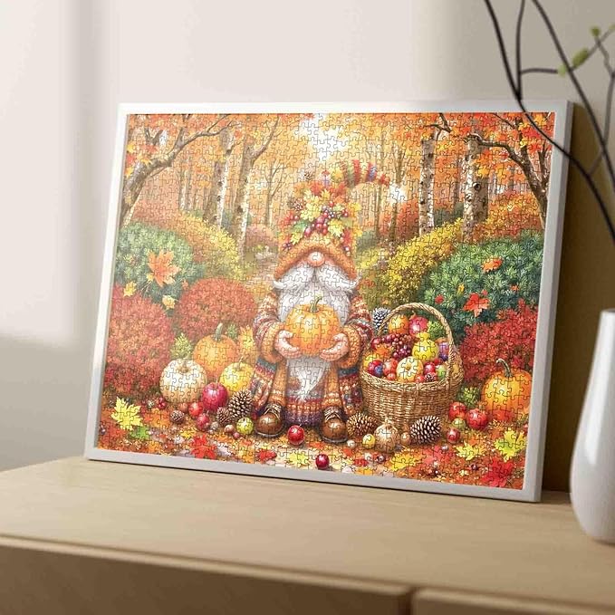 Fall Gnomes Jigsaw Puzzle 1000 Pieces for Adults Autumn Fallen Leaves Puzzle Pumpkin Thanksgiving Puzzle Intellectual Decompressing Fun Family Game Living Room Wall Decoration Gift Travel Toys