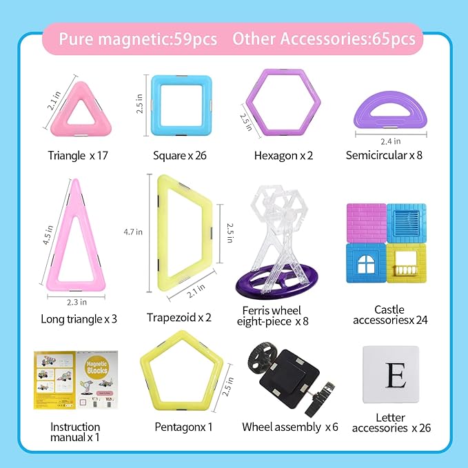 124PCS Magnetic Tiles Toys for 3 4 5 6 7 8+Year Old Boys Girls Upgrade Macaron Castle Blocks Building Set for Toddlers STEM Creativity/Educational Toys for Kids Valentines Day Christmas Birthday Gifts