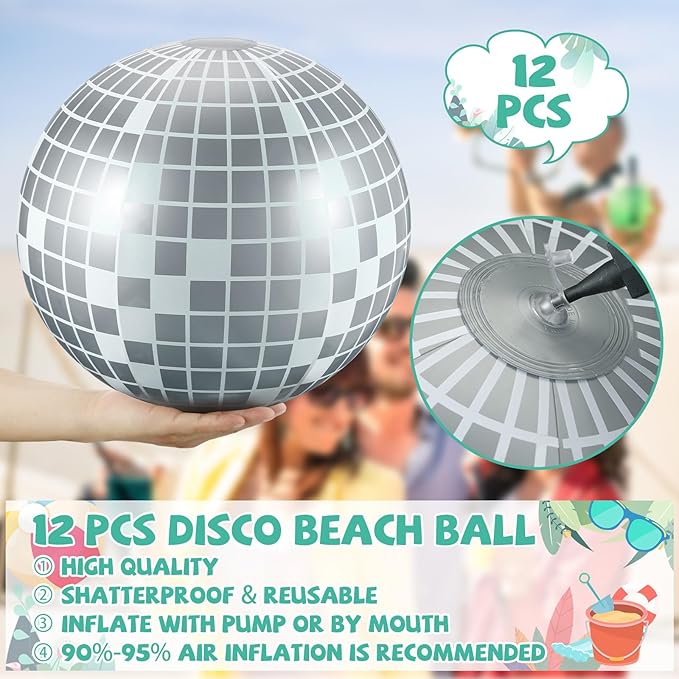 12 Pcs Inflatable Beach Ball Disco Theme Party Decoration Inflatable Disco Ball for Summer Pool Indoor Outdoor Beach Sports Theme Decor Gift