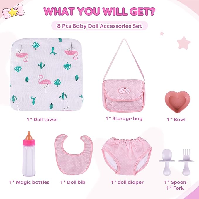 BABESIDE 8 Pcs Baby Doll Diaper Bag Set for 17-22 inch Dolls, Baby Doll Feeding Accessories with Disappearing Milk Toy Bottle and Spoon Fork Bowl for Pretend Play Toys, Pink