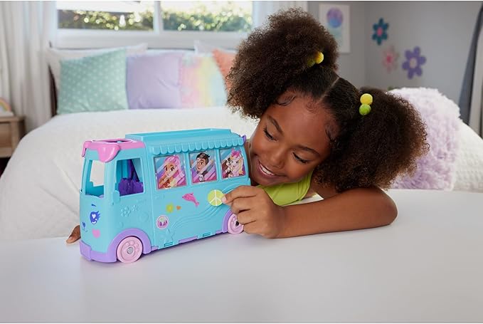 Polly Pocket Micro Dolls and Transforming Camper Van Vehicle, Accessories Include Pets and Toy Car, Pet Mobile Adventure Playset