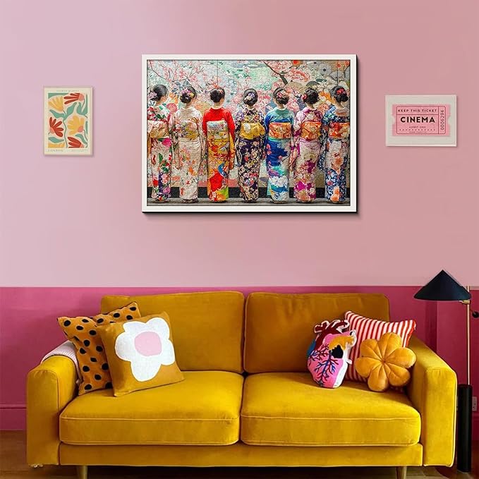PICKFORU Elegant Kimono Puzzles for Adults 1000 Pieces, Intage Cherry Blossom Geisha Puzzles, Colorful Unique Japanese Art Puzzle as Wall Decor