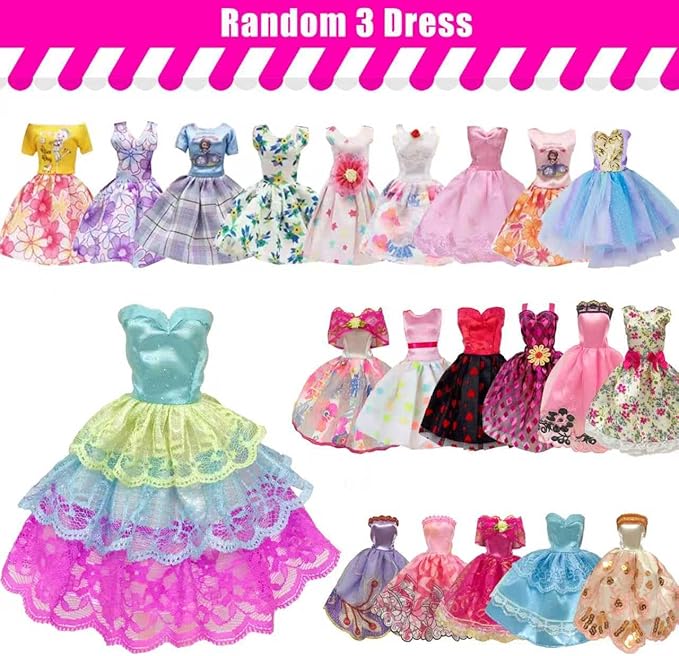 19 Pcs Doll Clothes and Accessories for 11.5 Inch Girl Dolls Outfit, Random 3 Stylish Dresses, 4 Tops, 4 Pants, 3 Evening Dresses, 1 Wedding Dress, 2 Swimsuits, 2 Pairs of Stockings