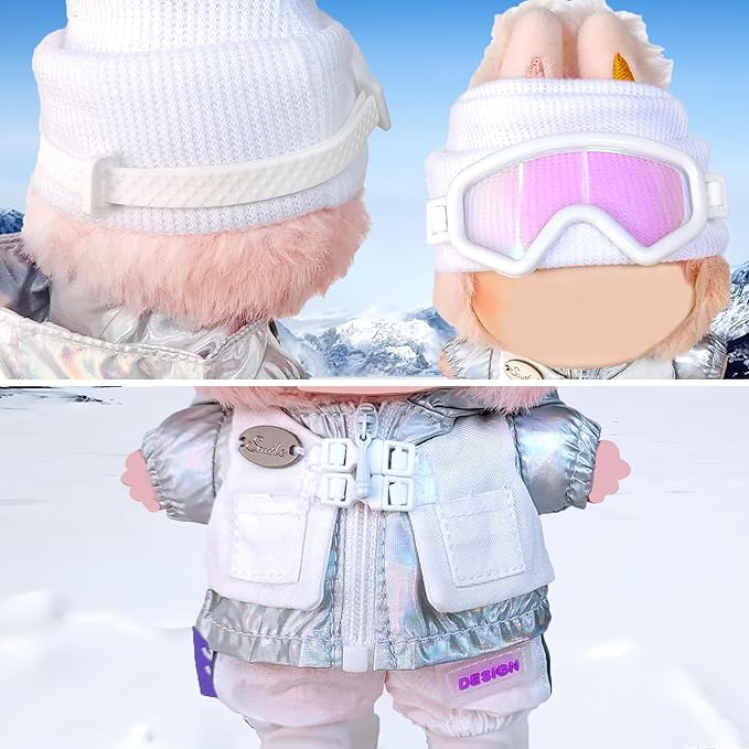 17cm Doll Clothes and Accessories Set for Lububu- Winter Snow Sports-Themed Ski Outfits with Mini Hat, Jacket, Pants, Poles, Goggles & Skiing, Designer Clothing for Big Into Energy Doll(White)