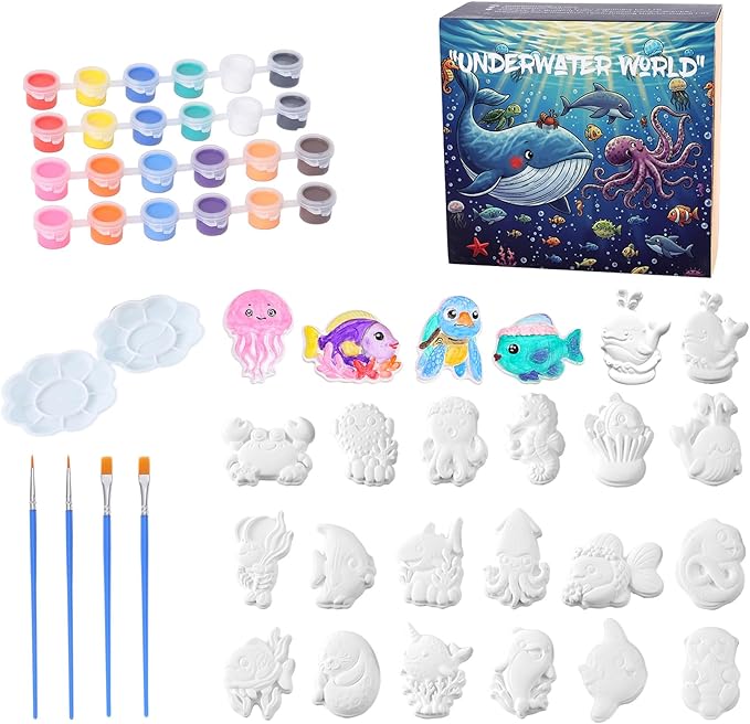 GloomGlo Kids Ocean Theme Paint Set - 24 Sea Creatures Plaster Painting Kit with Paint Colors, Brushes & Palettes | Kids Arts Crafts Supplies