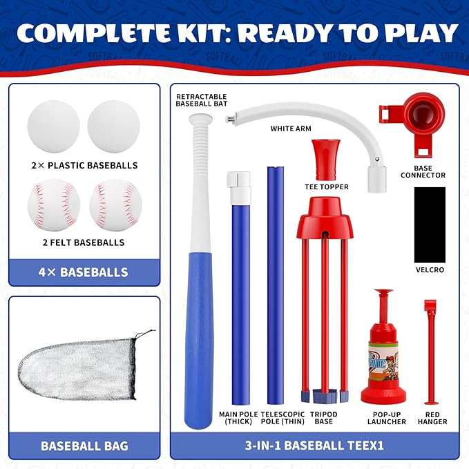 3-in-1 T Ball Set for Kids 3-5, Adjustable Baseball Tee with Auto Ball Launcher, Hanging Stand & 4 Balls, Indoor/Outdoor Sports Toys Gifts for Boys Girls Ages 5-8
