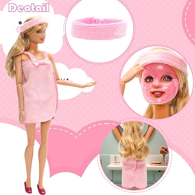 Doll Sleeping Clothes Accessories 28 Pcs Including 4 Sets Bathrobes Pajamas, Bath Towel , 4 Headband, 12 Toiletries, 8 Accessories, 3 Slippers for 11.5 Inch Girl Dolls Storytelling Bathroom Playset