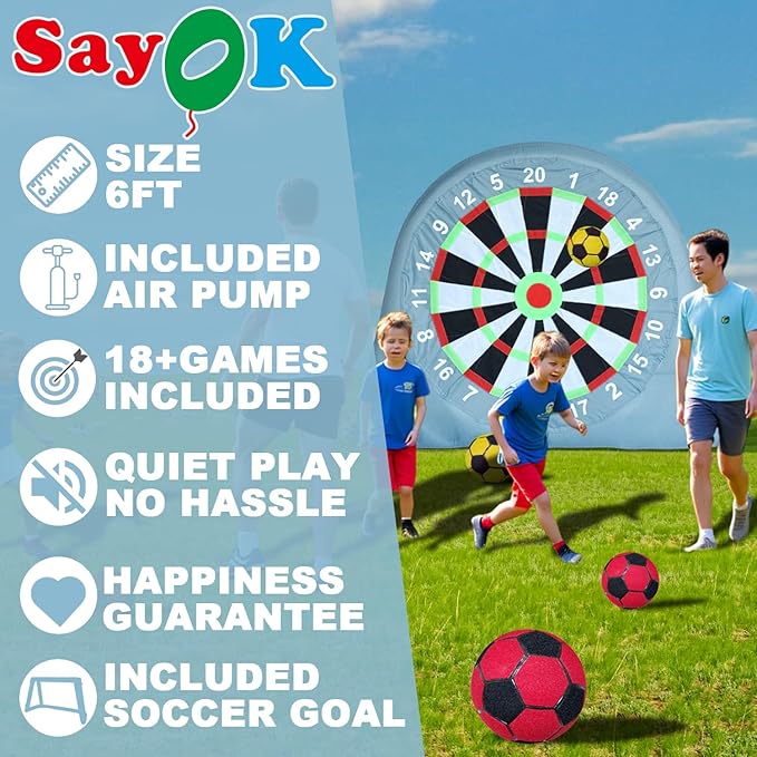 SAYOK Inflatable Soccer Dart Board Giant Kick Darts, Inflatable Football Darts Board, Soccer Dart Board,Carnival Games, Goalpost Game, with PUM&6 Soccers for Outdoor Backyard Parties