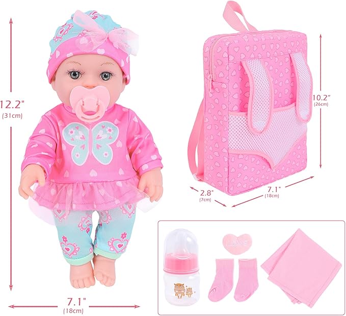 DONTNO 12 Inch Baby Doll with Clothes and Backpack Carrier,Reborn Baby Doll with Bottles Nipple