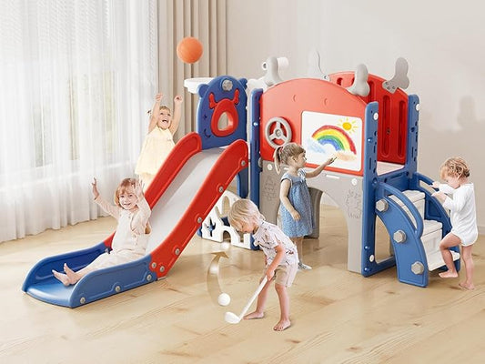 XJD Toddler Slide,12 in 1 Kids Slide for Toddlers 1-3, New Upgrade with Golf Set, Basketball Hoop, Drawing Board for Indoor Outdoor Playset,Toddler Playground (Red Blue)