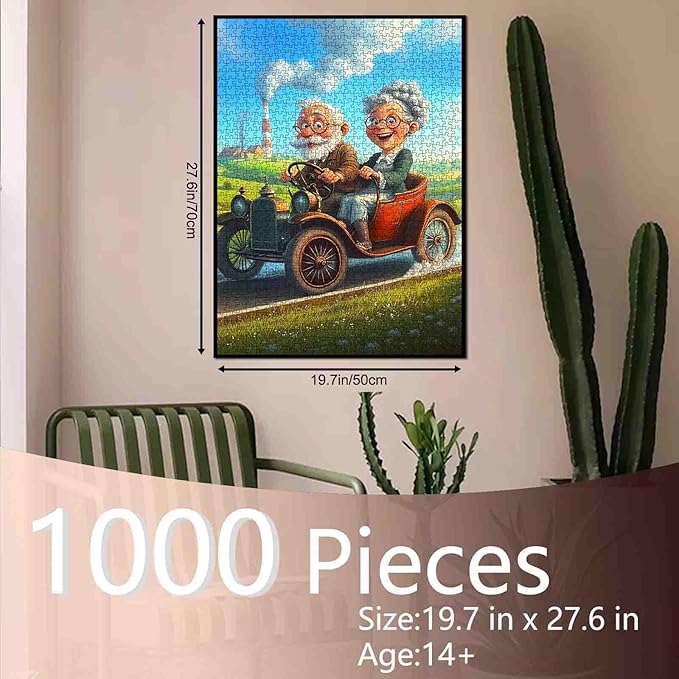 Old Man and Old Woman Jigsaw Puzzles for Adult 1000 Pieces Romantic Couple Cycling Puzzles Wall Decor Whimsical Grandma Funny Jigsaw Puzzle About Friendship 20''x27”inch Family Game Challengings,