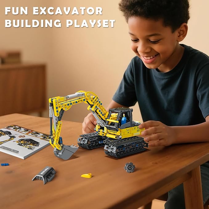 2-in-1 Excavator & Bulldozer Building Kit - 399 Pieces STEM Educational Construction Toys for Kids, Creative Birthday Gift Idea