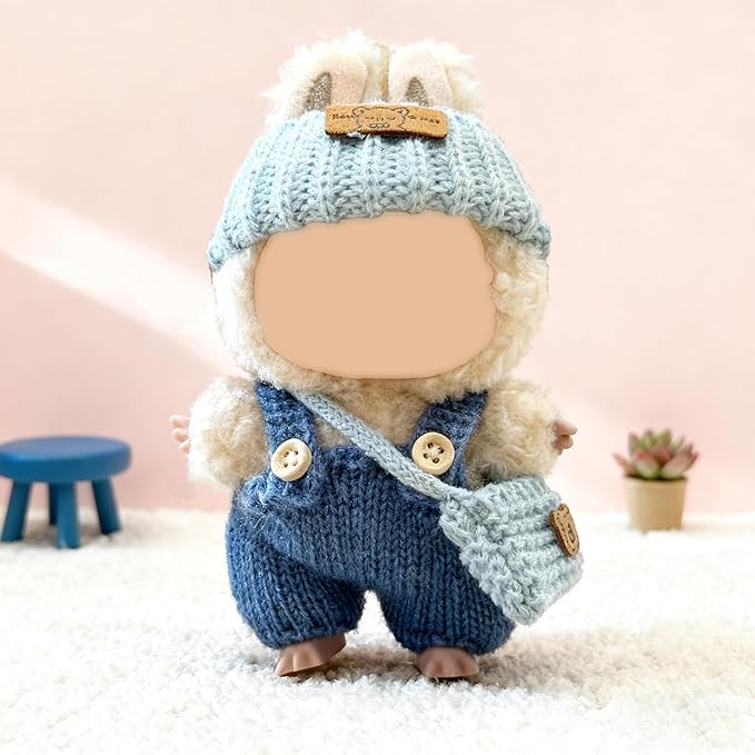 15 17cm Doll Clothes(NO Doll), Cute Dolls Outfit Accessories with Knitted Overalls + Hats + Bag, Small Kawaii Clothes Set for Dolls
