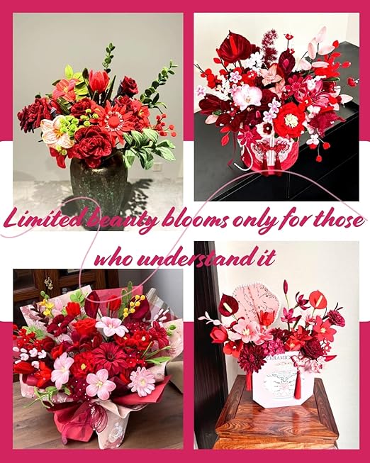 350 Pcs Red & Pink Pipe Cleaners Flower kit with tutoria,Fluffy Yarn,Green Floral Wires,Gardening Tape,Stamen，Pipe Cleaners Craft,Chenille Stems for DIY Art Projects Creative Gift Decor