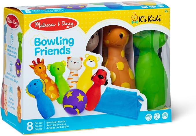 Melissa & Doug K's Kids Bowling Friends Play Set and Game with 6 Pins and Convenient Carrying Case Indoor Outdoor Bowling Set, Soft Plastic Animal Pins, for Ages 2+