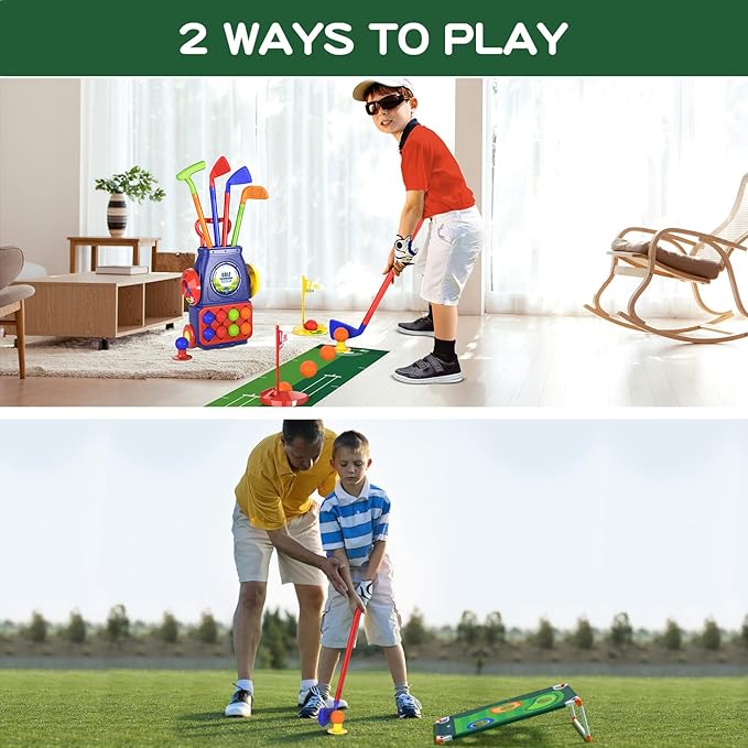 QDRAGON Kids Golf Clubs, 2 in 1 Toddler Golf Set with 8 Balls/Cornhole Board & Putting Mat/Golf Cart with Wheels, Indoor Outdoor Sport Toys Gifts for Boys Girls Ages 3 4 5 6+, Blue