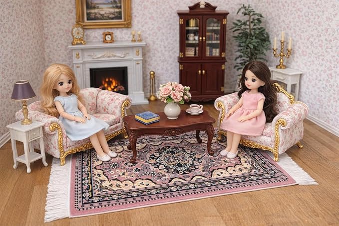 Set of 2 Dollhouse Area Rugs – Miniature Carpet Accessories for Doll Houses, 10 x 7 Inch Rectangular Floor Décor, Oriental Style