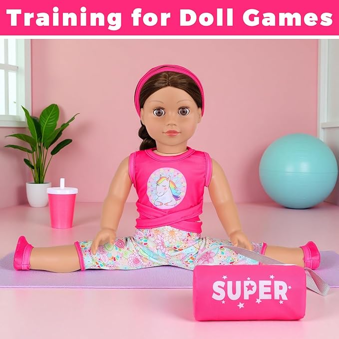 American 18 inch Doll 7-Piece Gymnastics Doll Yoga Outfit Set , Pink Pony Design with Accessories, Sports Bag and Headband (Dolls NOT Included)