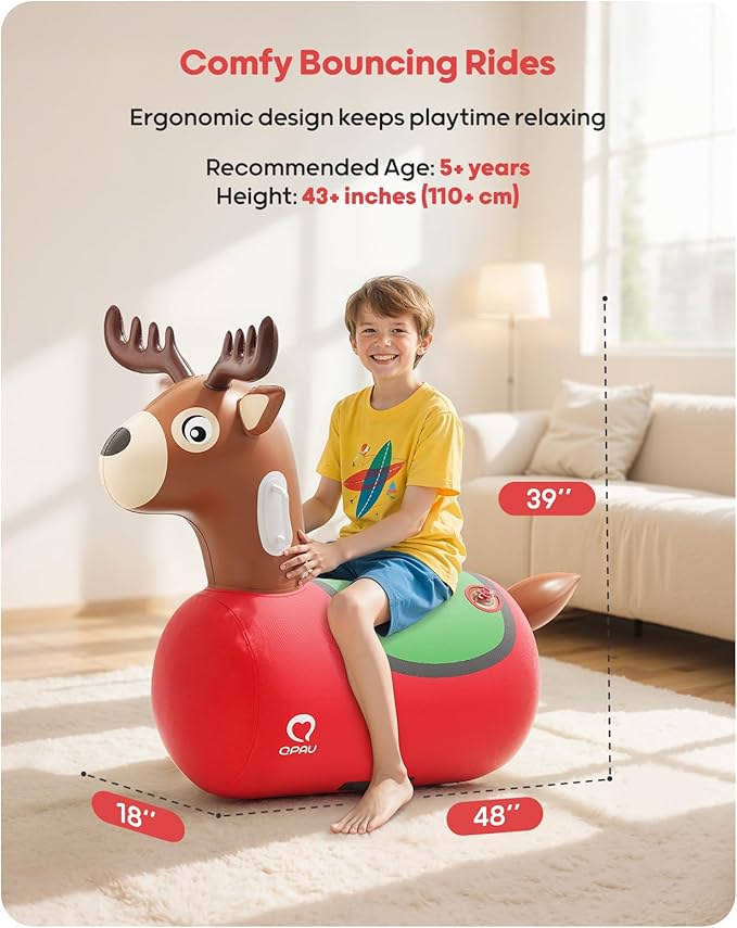 QPAU 2 Pack Large Inflatable Reindeer Hopper Bouncy Toy, 250lbs High Capacity Ride-on Animal for Kids & Adults, Soft Fabric Cover & Pump, Durable Puncture-Resistant Bouncer for Family Party Gift